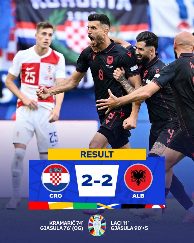 克罗地亚2-2遭阿尔巴尼亚绝平，本届首次双方各进至少2球